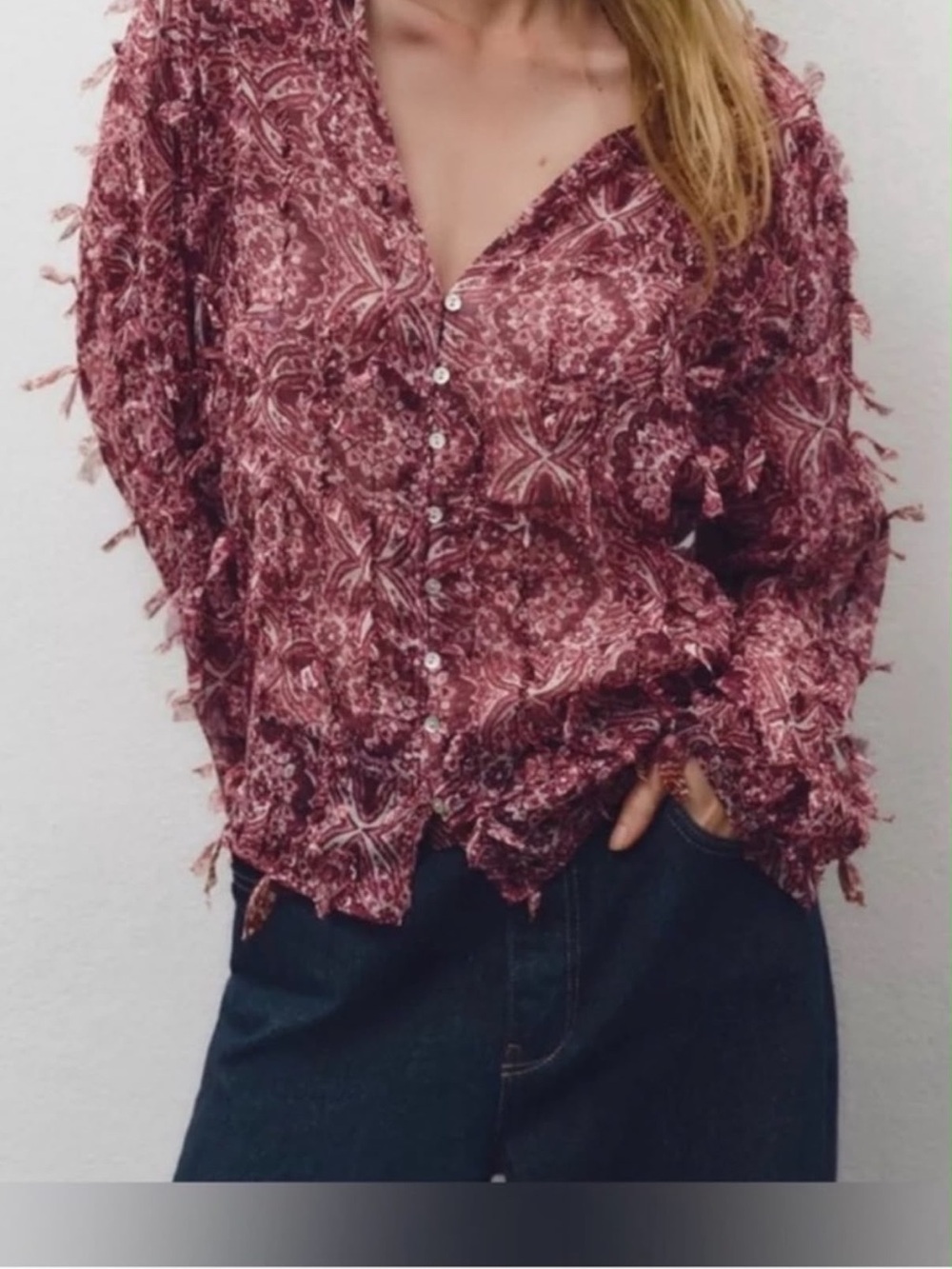 Zara Frayed Paisley Button-Down Top in Burgundy ,,NWOT